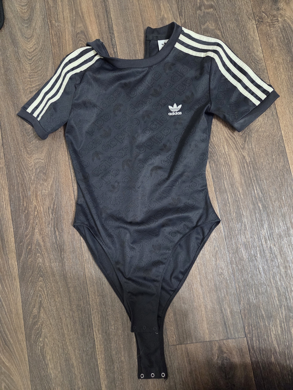 adidas Black Short-Sleeve Bodysuit with White Stripes